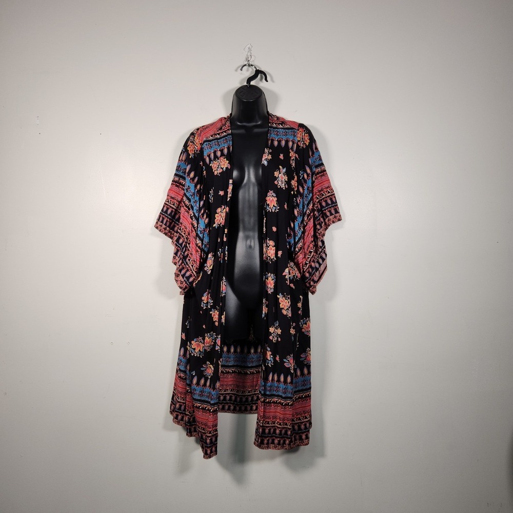 ANGIE Kimono Cardigan Women S Black Floral Boho Lightweight Open Front Duster